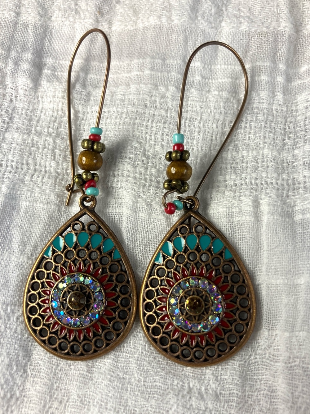 Bohemian Turquoise and Red Teardrop Dangle Earrings - Unbranded